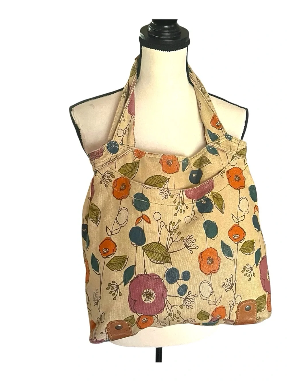 Vintage Fossil Key-Per Floral Canvas Hobo Shoulder Bag with leather accents.